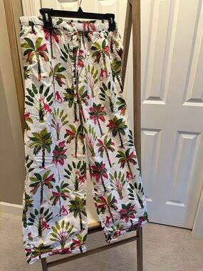 Printfresh Royal Palms Monkey Print Pajama Pants Ivory Pink Green XL Cotton